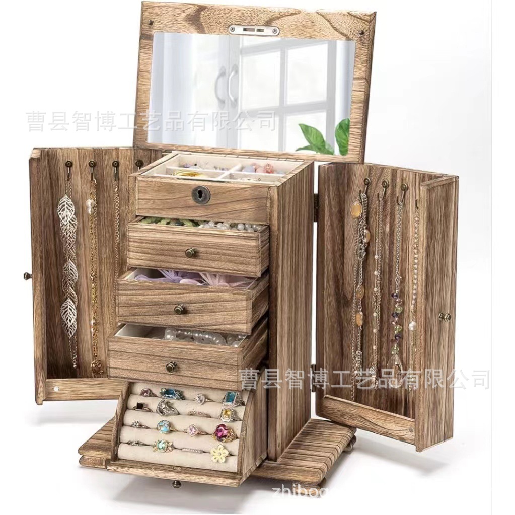 跨境实木首饰盒超大容量多层饰品盒手镯戒指耳钉项链手珠宝收纳盒