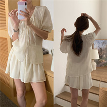 韩版法式微透褶皱肌理抽绳系带纯色短袖衬衫+阔腿裙裤短裤套装女
