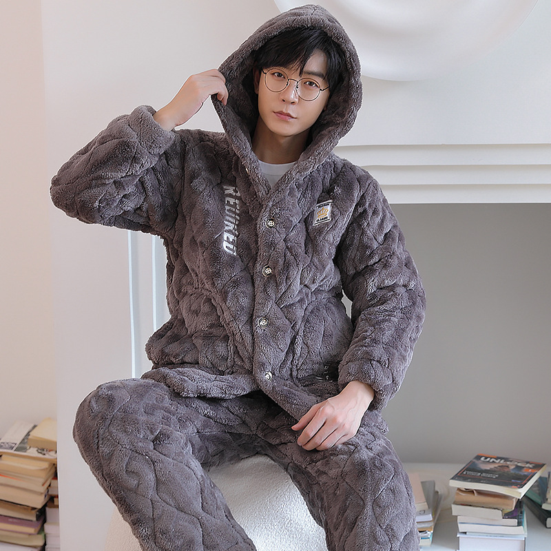 男士睡衣冬季加厚加绒珊瑚绒三层夹棉轻奢时尚卡通连帽家居服套装