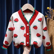 女童草莓毛衣2023秋冬装上衣洋气宝宝复古优雅提花针织开衫A013