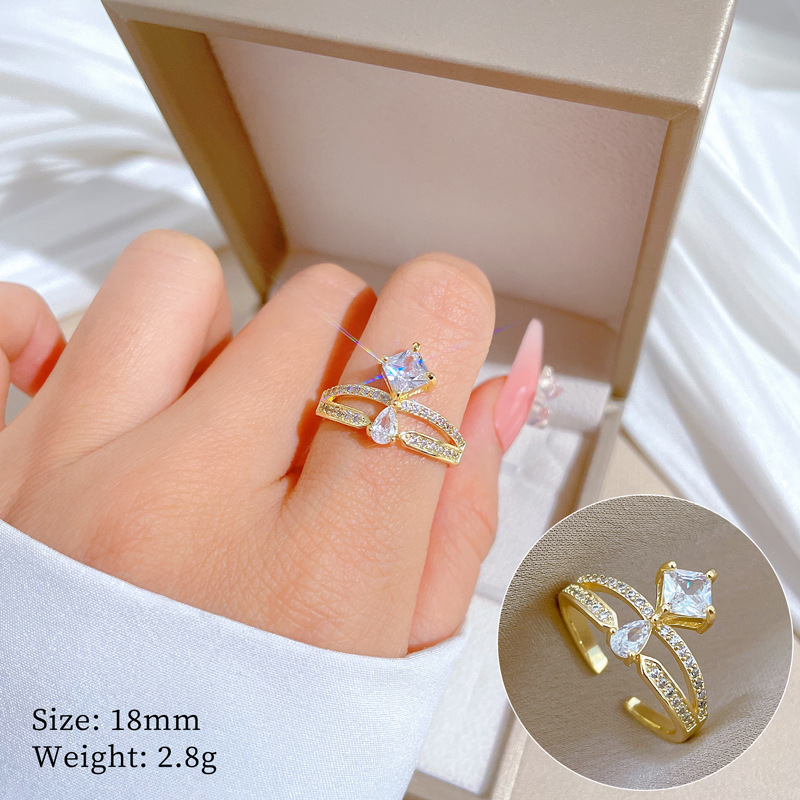 [Real Gold Plating] European and American Design Ins Style Geometric Diamond-Embedded round Bead Ring Female Cold Style Open Ring