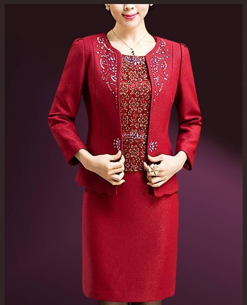 中年女装婚庆两件套装连衣裙婚礼妈妈装秋装新娘结婚礼服婆婆套裙