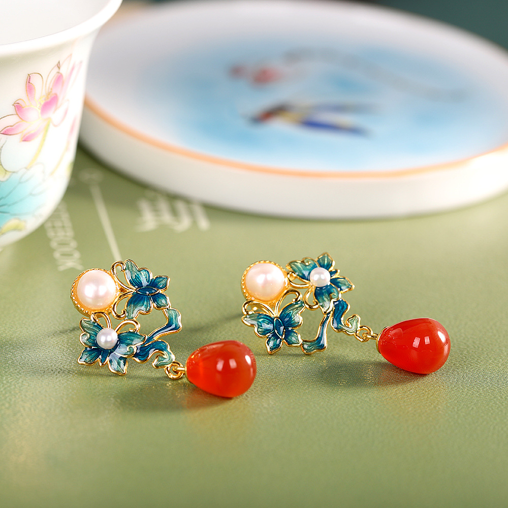 人品银品 新中式古风耳饰国潮珐琅蝴蝶925银镶嵌冰红玛瑙耳坠