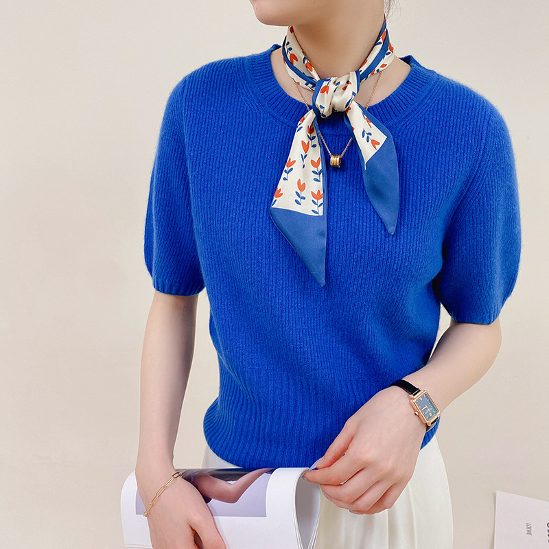 Blue Color Gentle Feeling Spring and Summer Daily with Small Silk Scarf Female Hair Band Tied-up Hair Thin Narrow Ribbon Arm Bag Scarf Korean Style