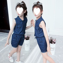 WZXSK女童短袖套装夏装洋气韩版时尚儿童装时髦牛仔短裤二件套潮