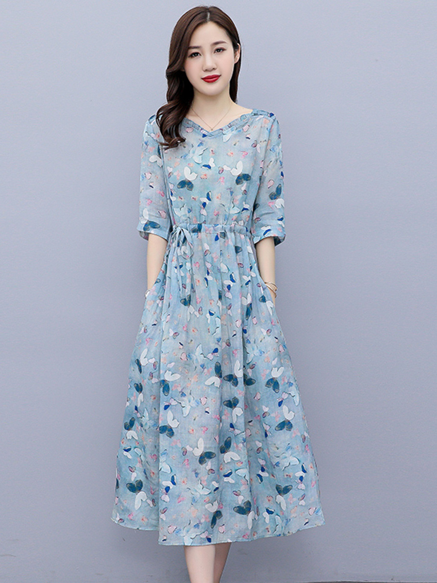 显瘦苎麻连衣裙女夏季2022年新款气质名媛别致漂亮棉麻花裙子显白