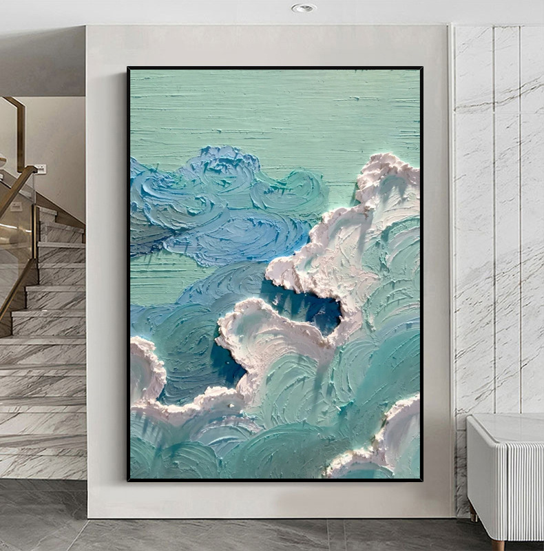 纯手绘油画现代简约抽象大海装饰画客厅玄关走廊过道立体蓝色挂画