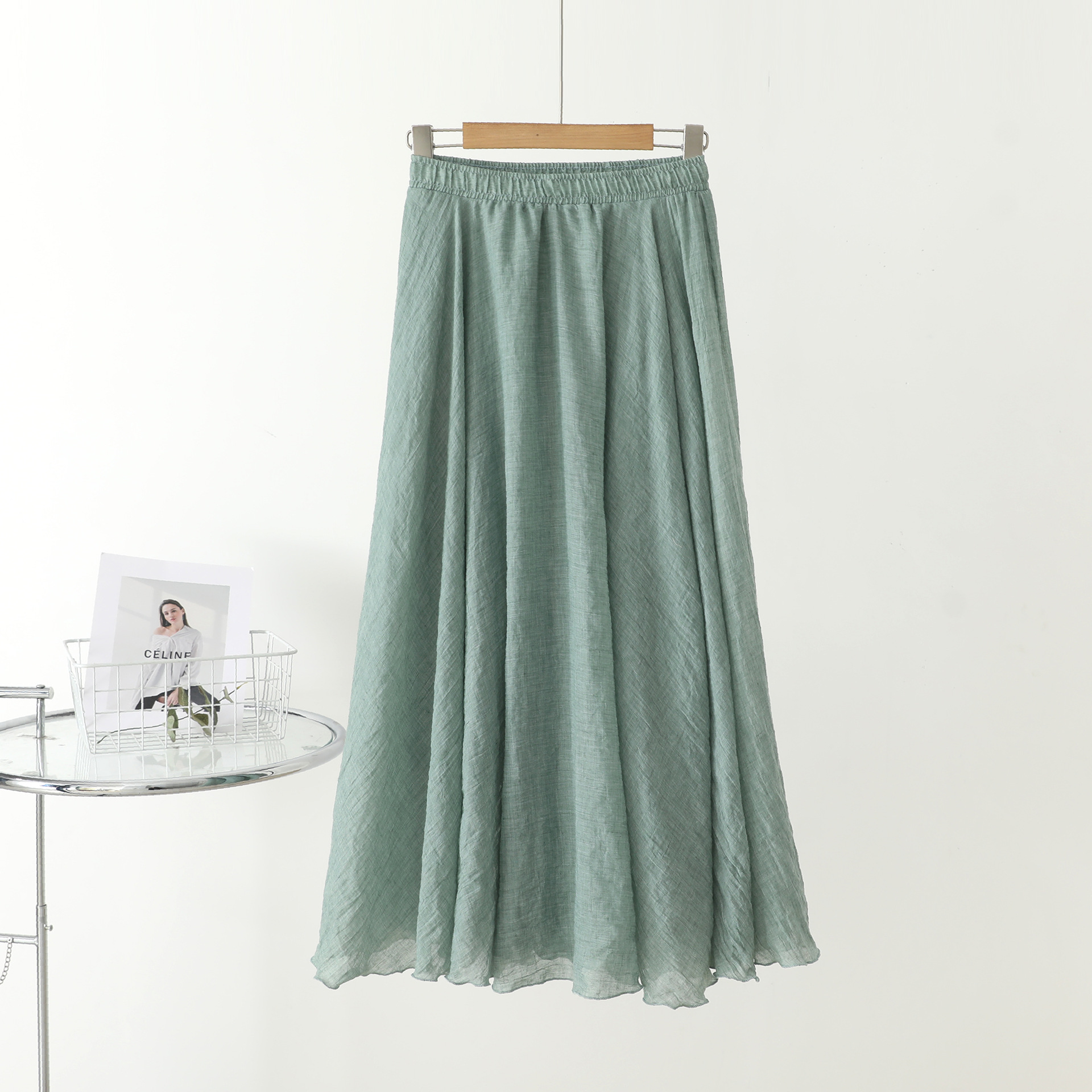 Pure Desire Style Cotton and Linen Dress 2023 Summer New Versatile Double-Layer Pleated Long Skirt Elastic Waist Temperament Youthful-Looking