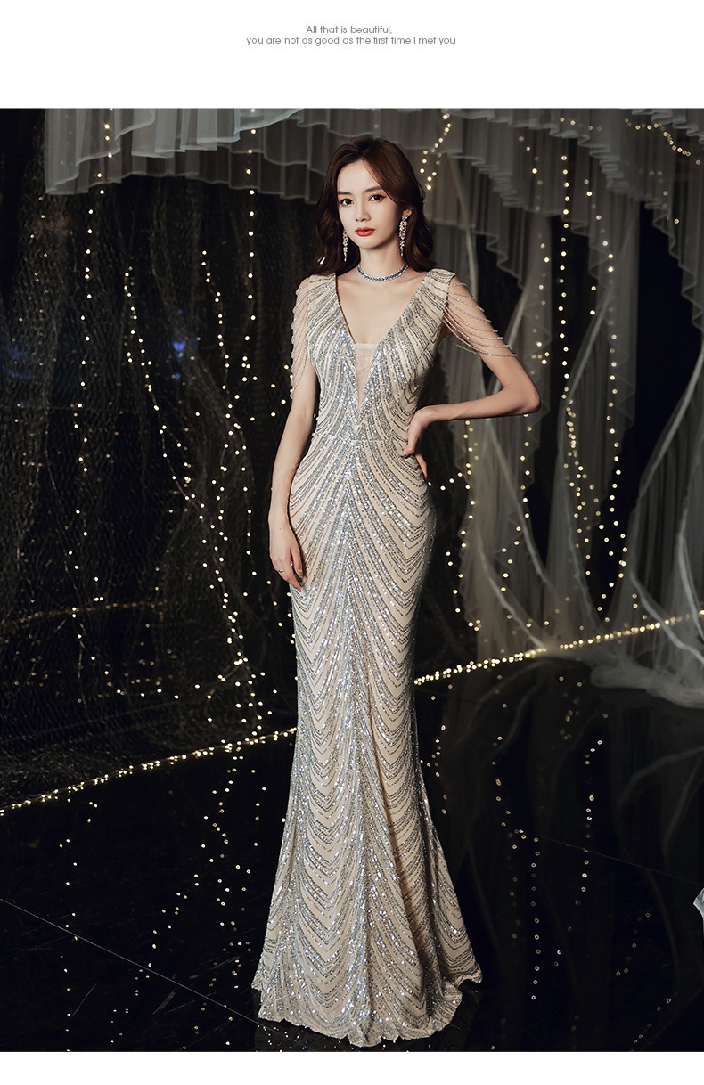 晚礼服女2022新款秋冬季宴会端庄名媛性感鱼尾气场长款肩流苏礼服