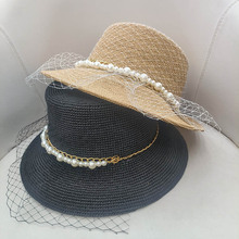 高档手钩时尚拉菲草帽子女夏季珍珠链条网纱防晒遮阳水桶帽太阳帽