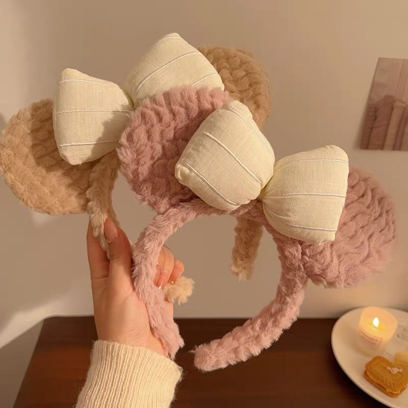 甜美海绵蝴蝶结小熊耳朵毛绒发箍女可爱外出头箍洗脸化妆压发发卡