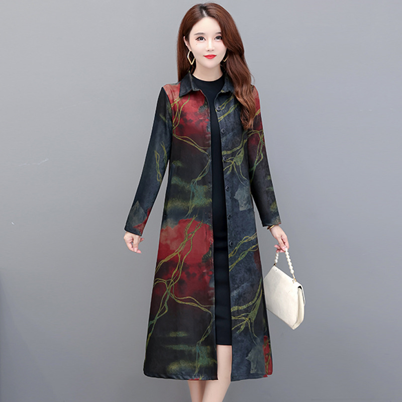 中老年风衣外套春秋洋气长款宽松时尚妈妈洋气上衣女40岁韩版印花
