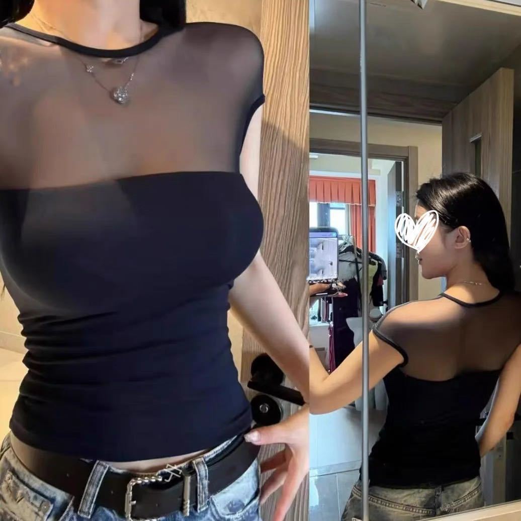 美式性感辣妹微透网纱短袖T恤女夏季新款修身显瘦短款百搭上衣潮