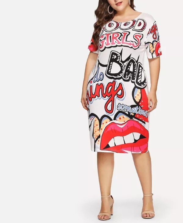 欧美大码亚马逊wish速卖通ebay搞笑红唇涂鸦字母印花宽松连衣裙女