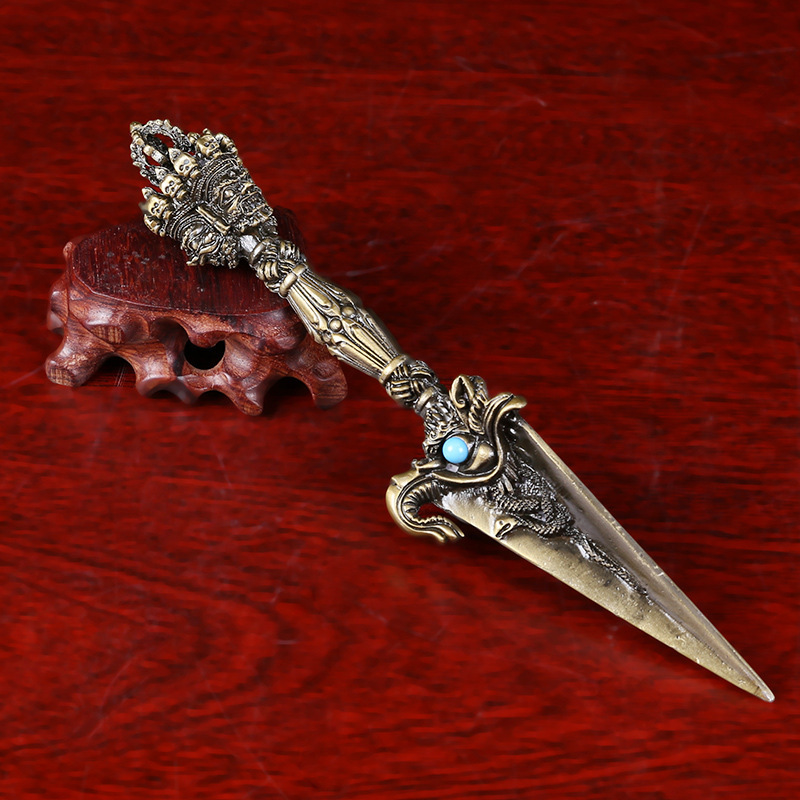 藏族用品铜合金刚撅三面普巴金刚杵带底座青古款高22cm