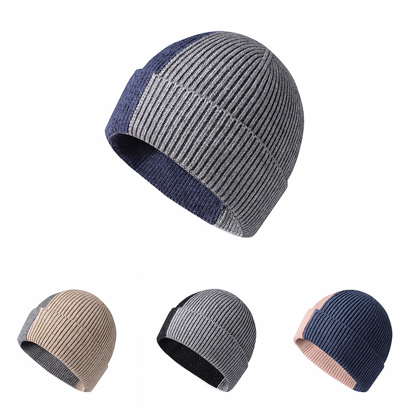 Autumn and Winter New Fashion Colorblock Knitted Hat Women's Leisure Travel Hat Simple Sleeve Cap Core-Spun Yarn Woolen Cap