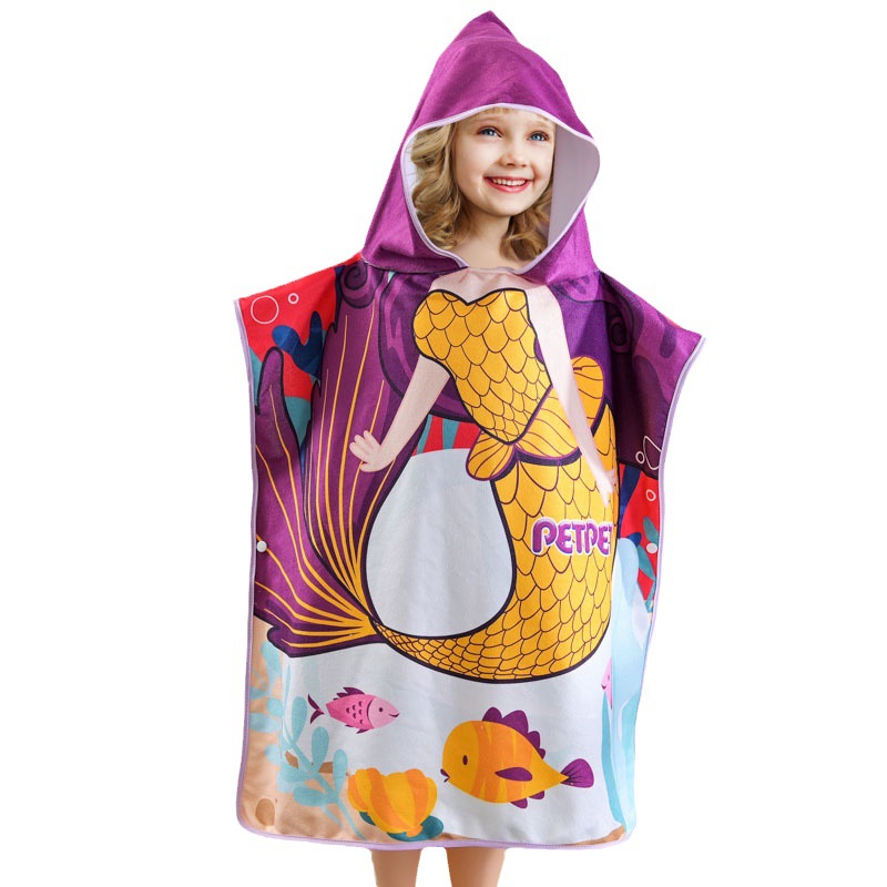 Children's Bath Towel Cape Polyester Cotton One Side Polyester One Side Cotton Boys and Girls Cartoon Printed Pattern Easy Absorbent Wearable Bathrobe