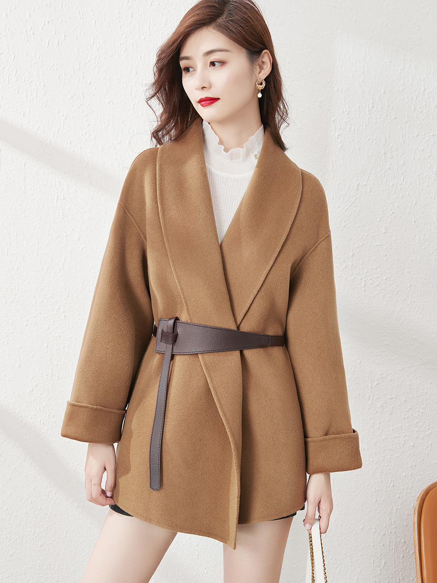 高端双面羊绒大衣女腰带中长款2021年新款毛呢驼色双面呢斗篷外套