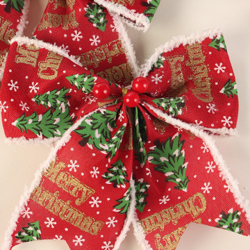 跨境圣诞节雪边红果印花蝴蝶结 diy圣诞树礼盒装饰场景布置蝴蝶结