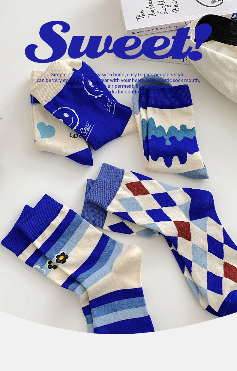 克莱因蓝袜子女中筒袜秋冬季ins潮外穿街头棉袜笑脸菱格条纹袜子