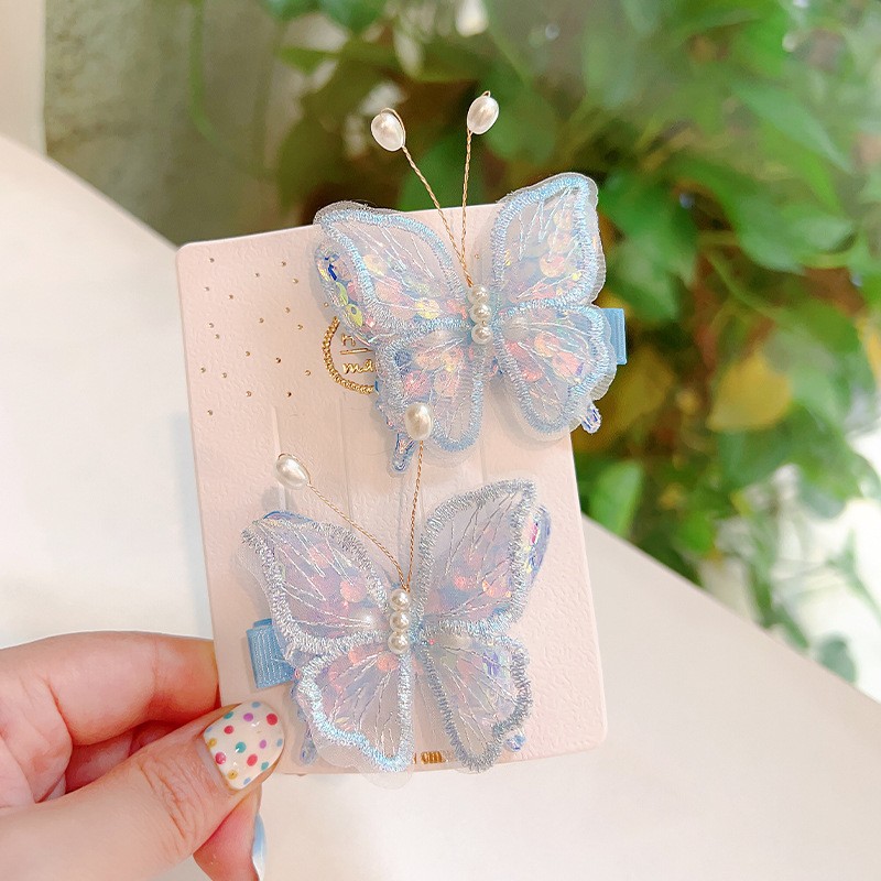 New Children's Fairy Ancient Style Mesh Butterfly Barrettes Double-Layer Sequined Side Hairpin Little Girl Bang Clip Headdress