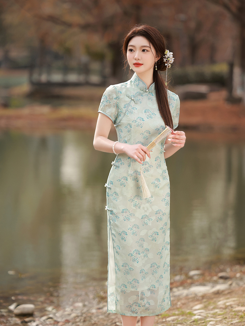 改良年轻款旗袍2023春夏季新品日常优雅少女气质立领长款旗袍裙