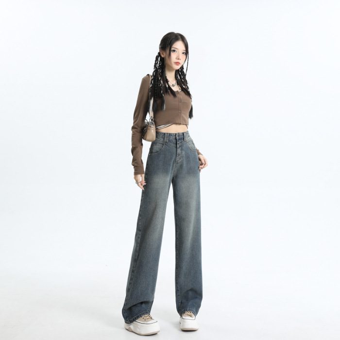 Retro Wheat Starry Sky Pattern Fabric High Waist Wide Leg Jeans for Women Spring and Autumn New Slimming and Straight Mop Pants