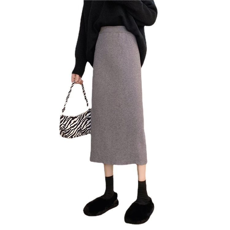 秋冬针织中长直筒包臀裙显瘦外穿半身裙高腰显瘦腈纶开叉裙长裙