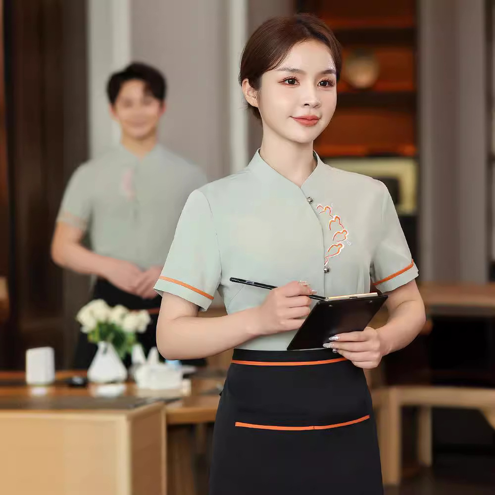 中式餐厅服务员工作服女夏酒店餐饮火锅饭店收银前厅短袖刺绣logo
