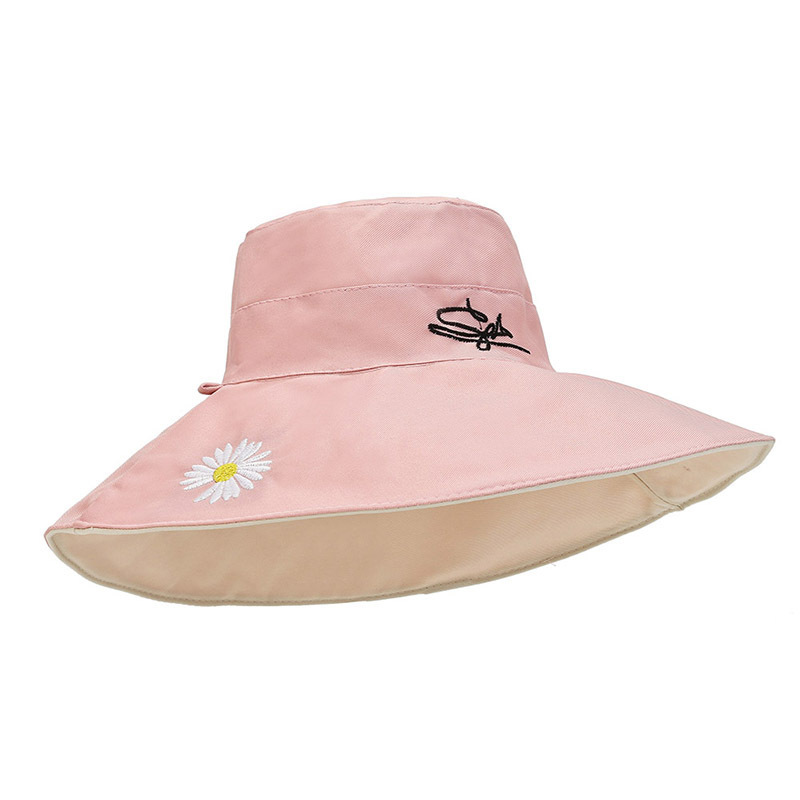 Spring and Autumn Sun Hat New Fashion Embroidered Big Brim Fisherman Hat Polyester Cotton Double-Sided Sun Hat Daisy Sun Protection Hat Women