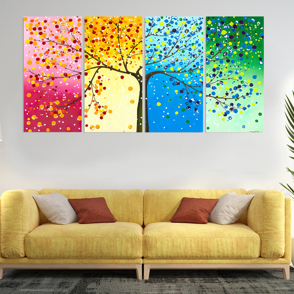 四联画亚马逊爆款喷绘四季发财树客厅沙发背景墙装饰画帆布画芯