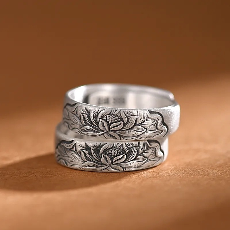 罗泰老银匠莲花复古戒指男女款情侣对戒国风自律小众指环-阿里巴巴