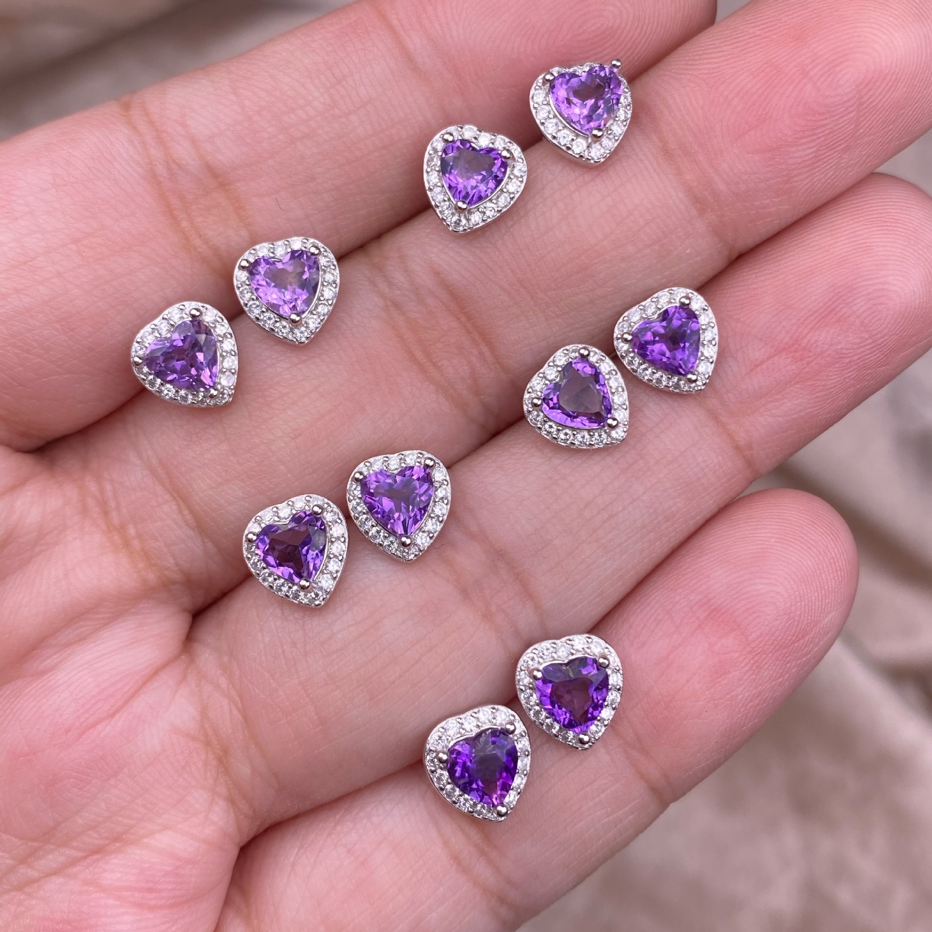 紫水晶耳钉s925银镶嵌满钻心形女款彩宝水晶耳饰品精致小清新银饰