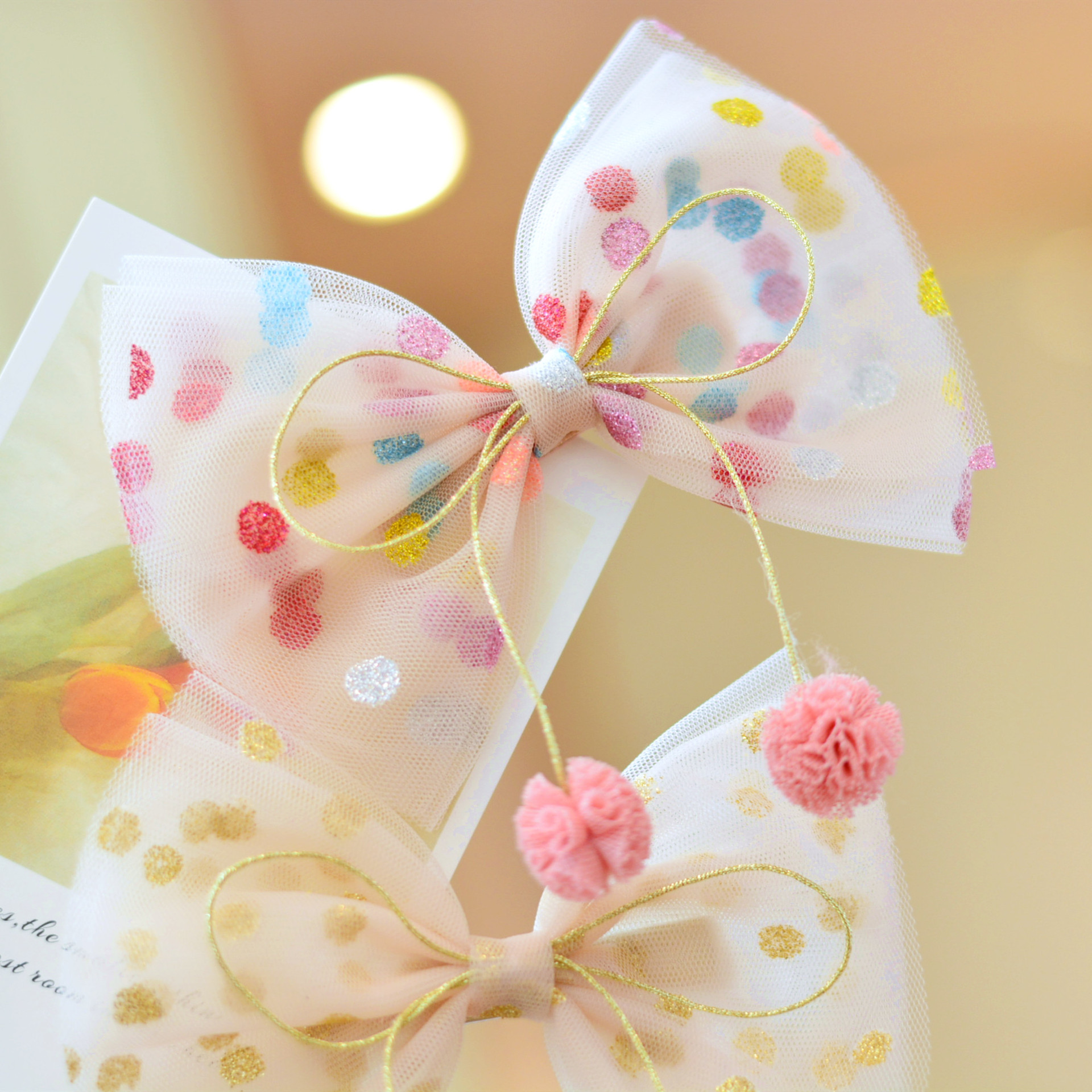 p轻纱圆点色网纱双球造型夹发夹女童立体发饰品生日夹子大蝴蝶结