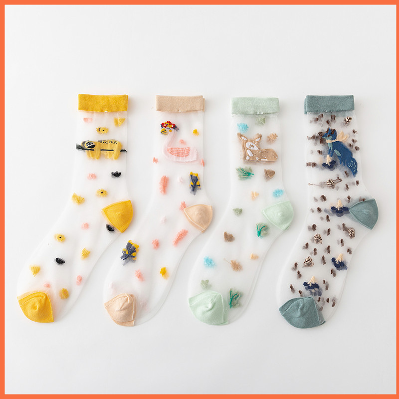 创意新款彩色玻璃丝女士中筒袜 卡通透气透明卡丝女袜子 厂家直销