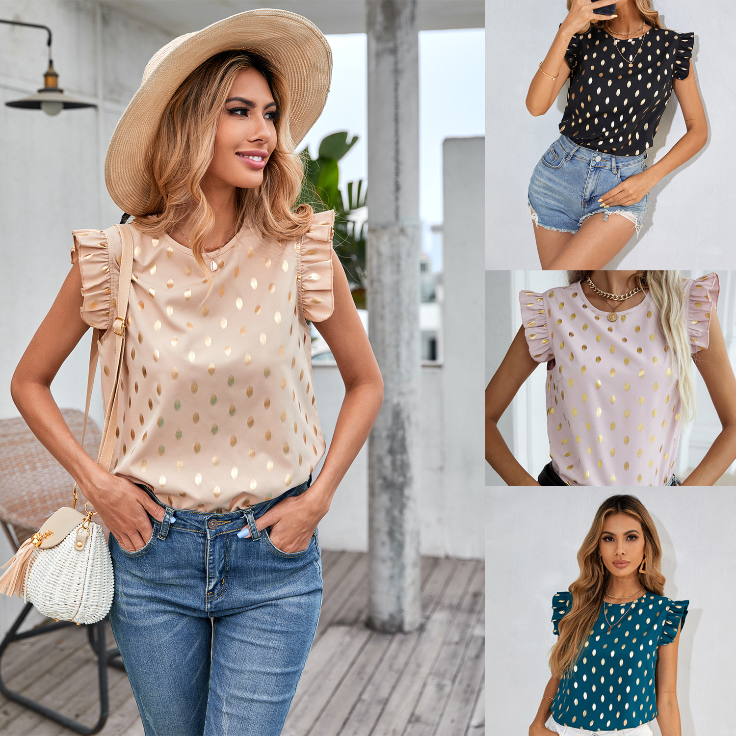 51190#欧美休闲田园风典雅女装新款 舒适荷叶边套头中袖舒适衬衫