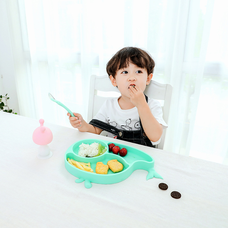 baby suction cup integrated learning to eat silicone straw bowl spoon set baby silicone plate grid whale plate cartoon