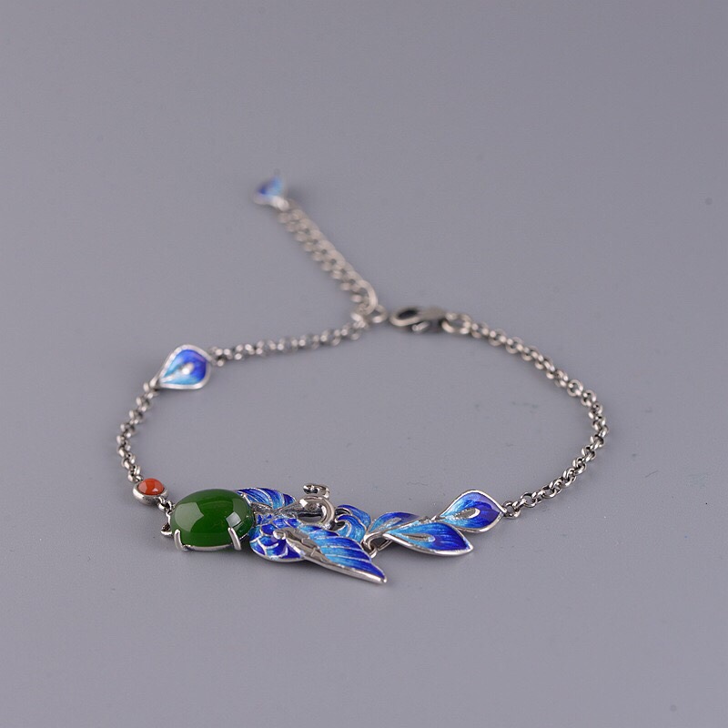 巧匠灵工 s925银手链复古景泰蓝民族国潮风气质女款碧玉凤凰手串