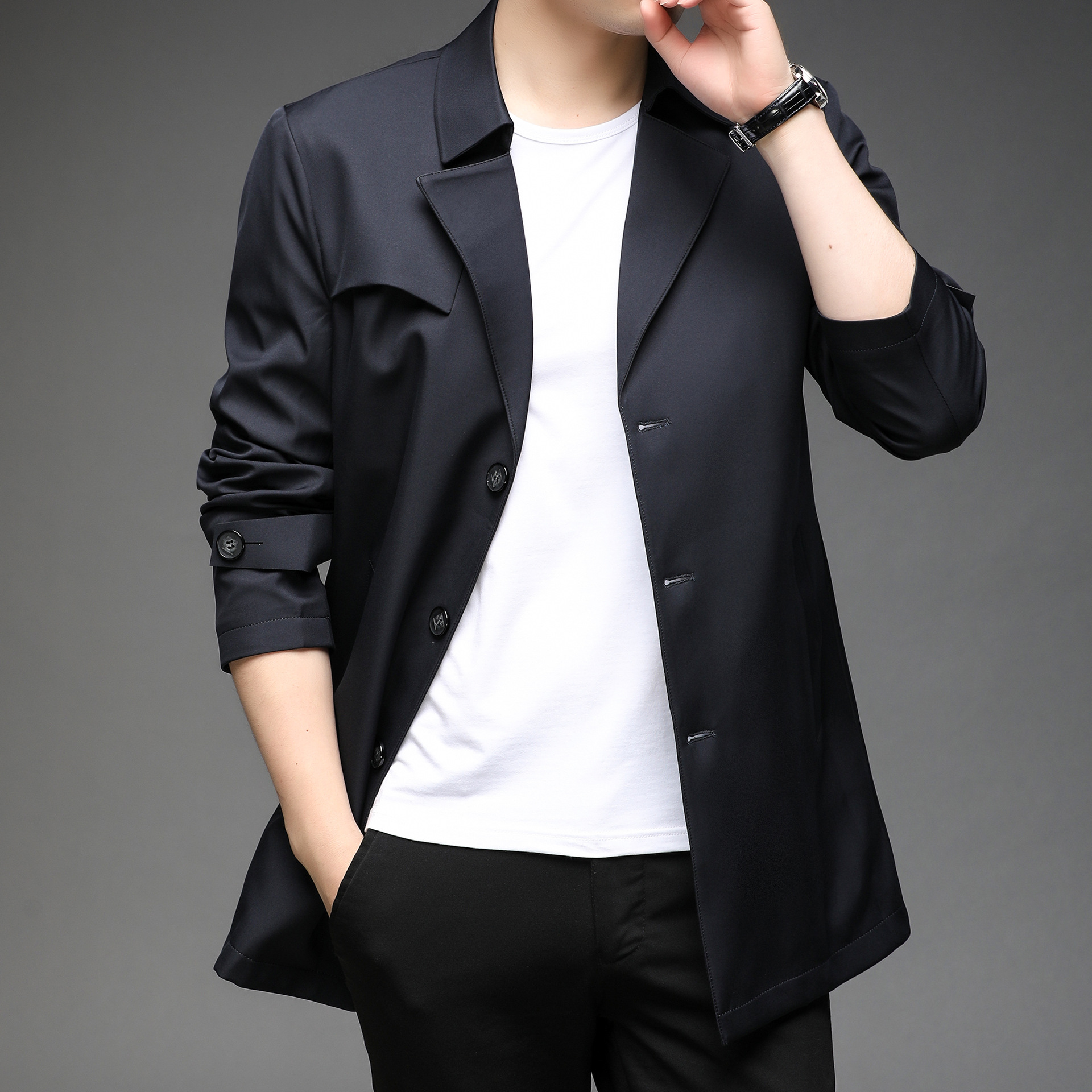 春秋新款男士风衣合体型单排扣中长款西装领休闲薄款收腰夹克大衣