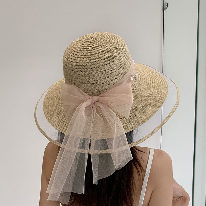 Pearl Large Brim Mesh Straw Hat Bow Silk Scarf Decorative Hat Beach Photography Travel Vacation Sun Hat Fashion