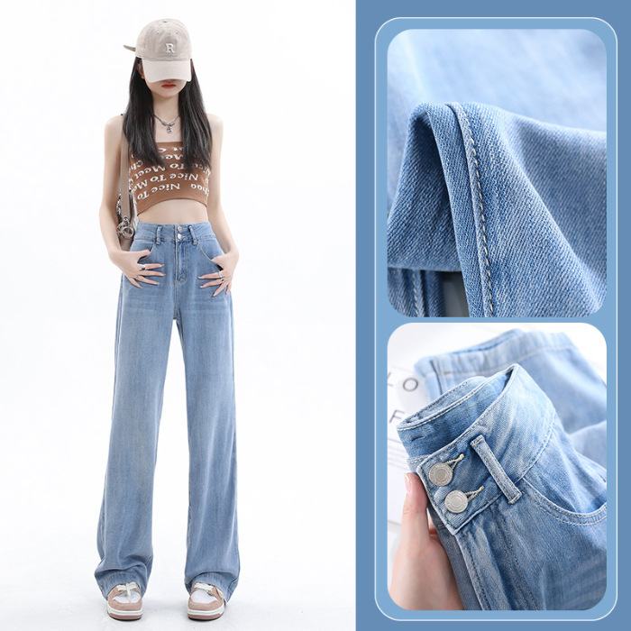 2023 Summer New Lyocell Jeans Women's Wide Leg High Waist Slimming Draping Thin Loose Ice Silk Straight Pants