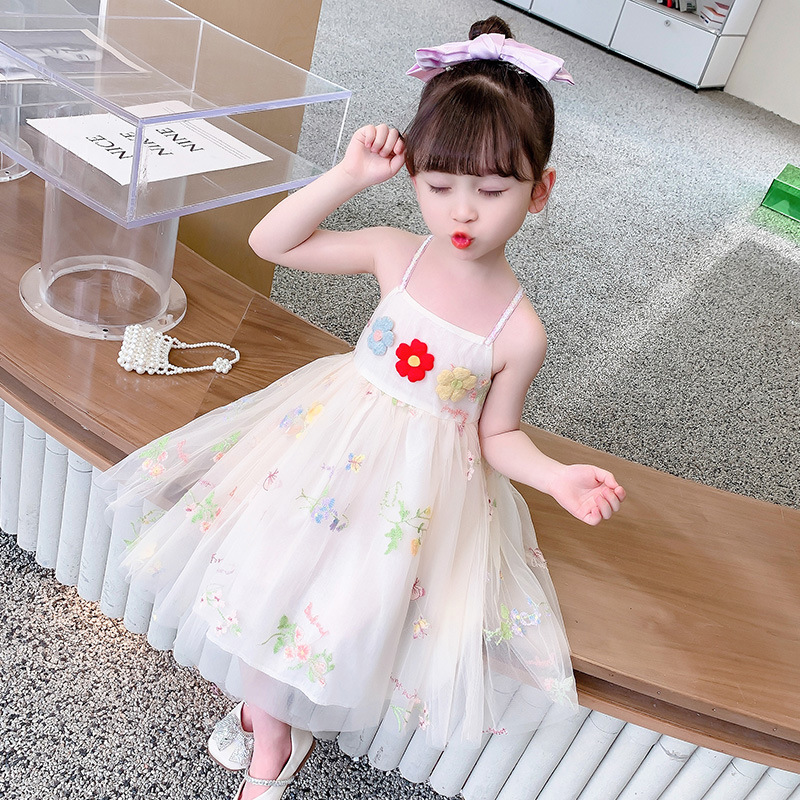 女宝宝洋气花朵吊带连衣裙夏季新款小女孩甜美公主风网纱裙1-6岁3