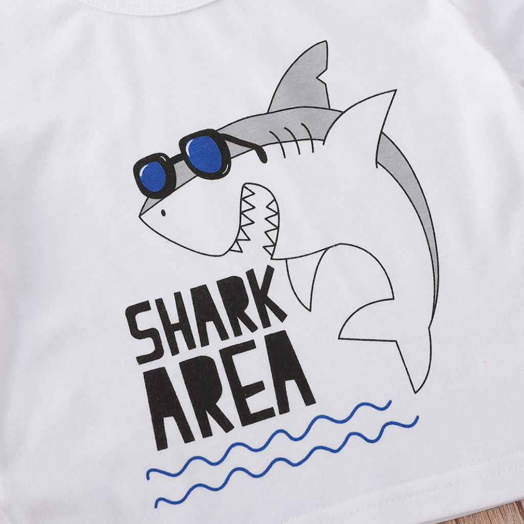 ins速卖通ebay亚马逊wish爆款 白色英文鲨鱼印花男童裤套装xh2352