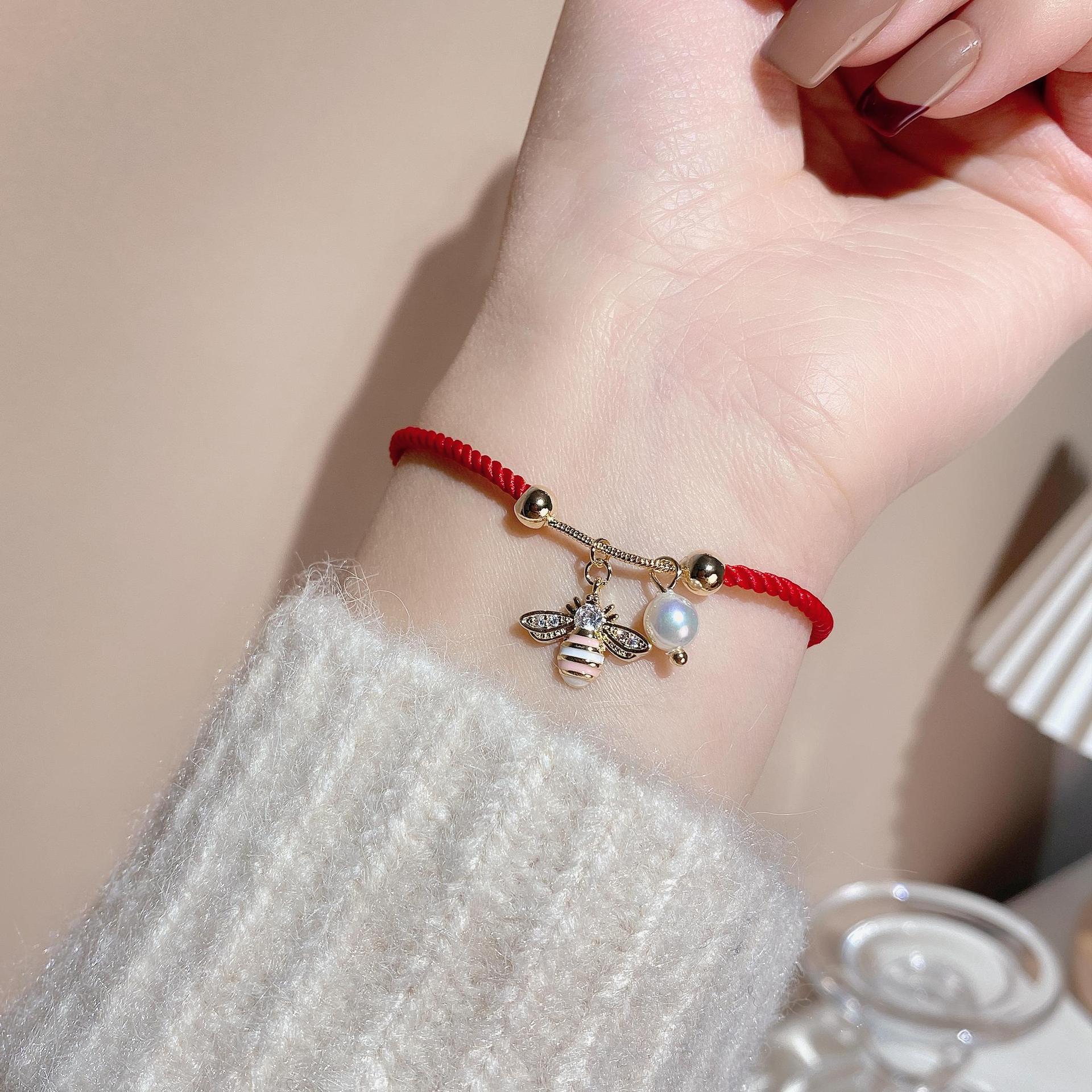 New Year Gift Zodiac Tiger Red Rope Bracelet Female Myanmar Natural Agate Cartoon Bear Bee Bracelet