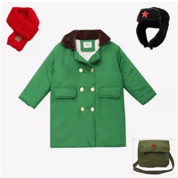现货宝宝儿童东北绿色军大衣冬季男童小孩复古棉袄加绒加厚中长款