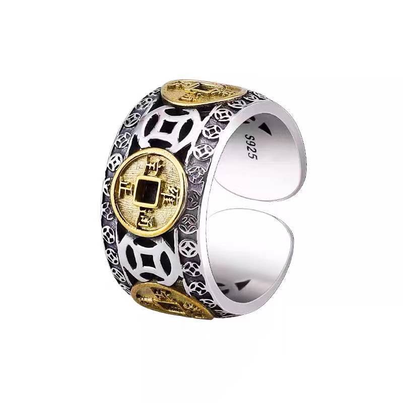 泰银五帝钱铜钱币925泰银戒指开口可调节食指戒古风高级霸气指环