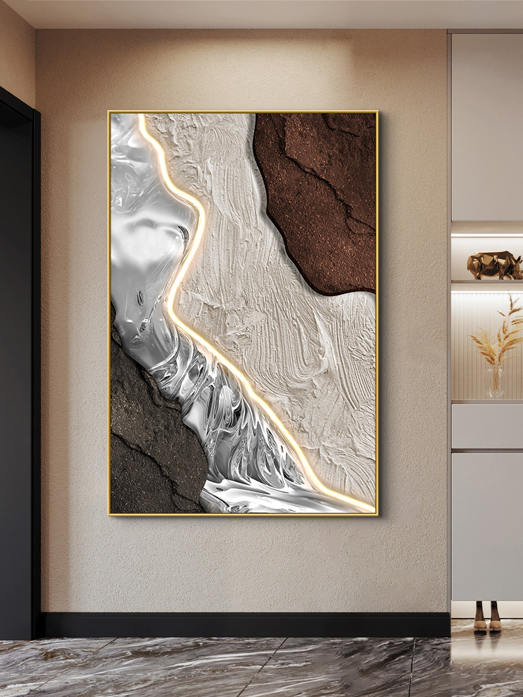 现代简约抽象金属感侘寂风玄关装饰画走廊过道线条带led灯发光画
