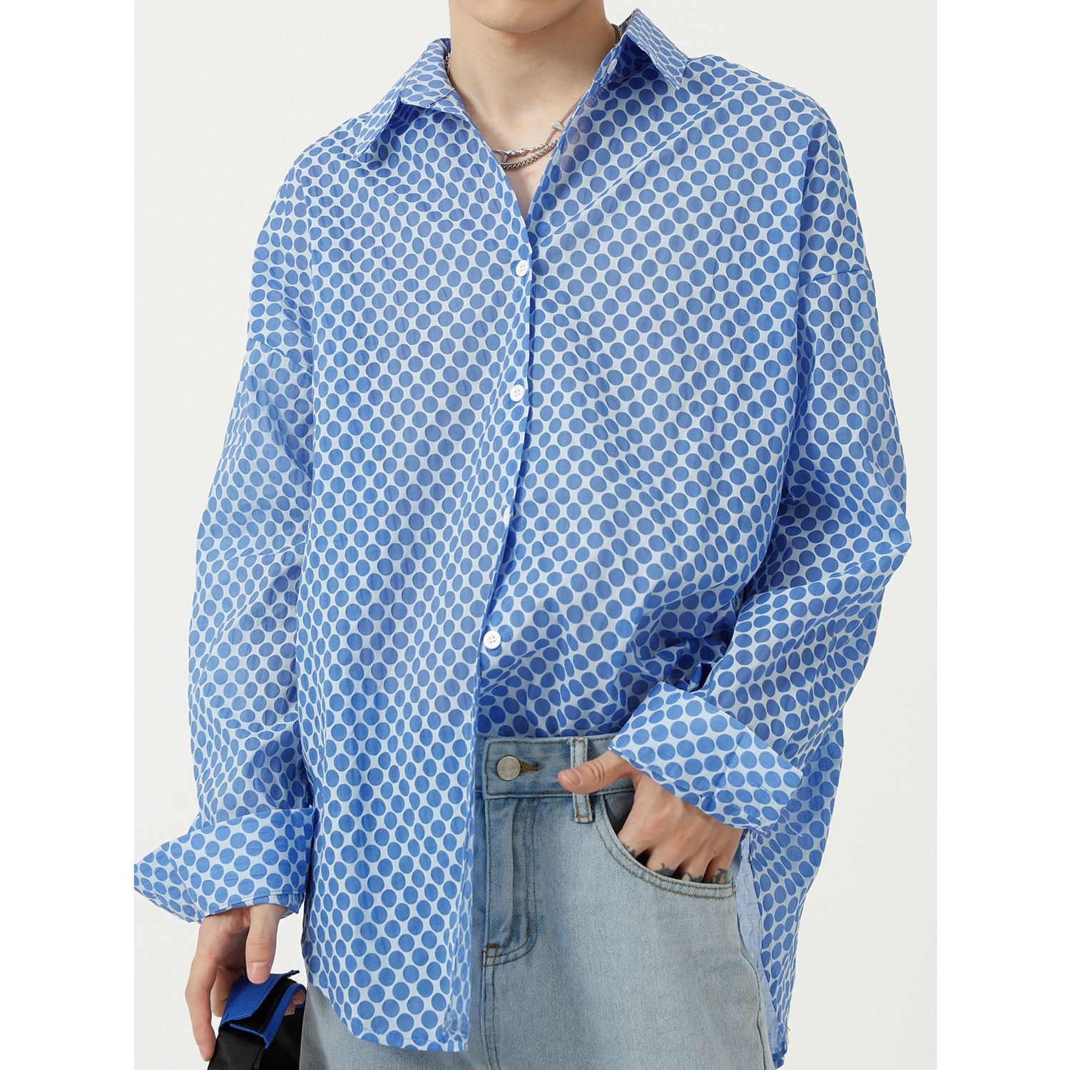 mtl男装| 秋款新品 韩版简约衬衫男波点微透防晒痞帅衬衣潮