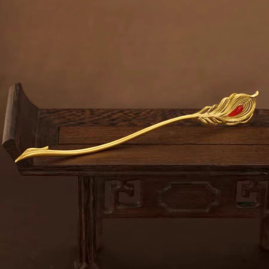 黄金色凤凰凤羽发簪凤钗女款古装发饰中式国潮仿沙金结婚婚庆发簪