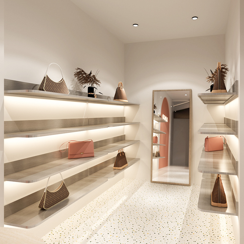 鞋店展示架上墙金属拉丝不锈钢带灯包包陈列架男女装店鞋货架壁挂